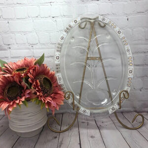 vintage inland glass platter with gold and brown detail on rim edge